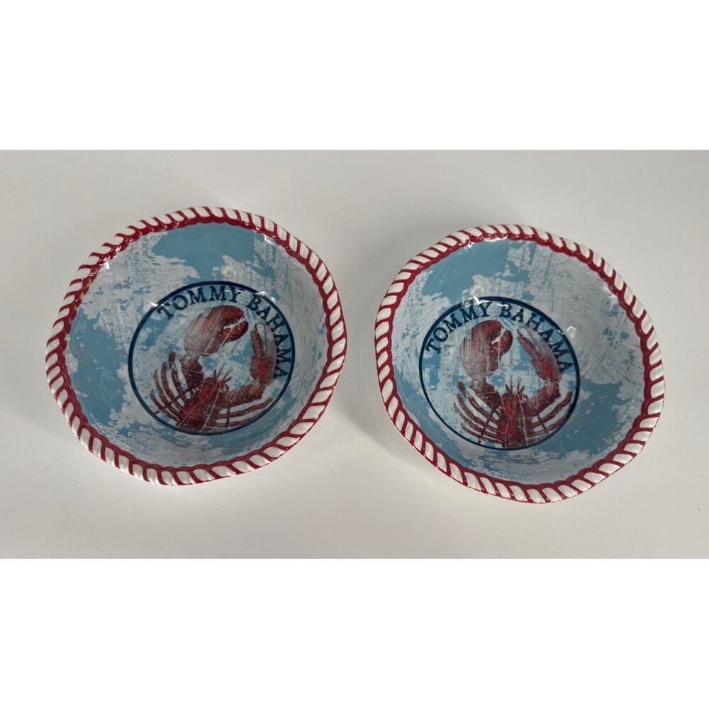 Tommy Bahama Bowls Melamine Lobster Nautical Rope Beach Blue White Set of 2